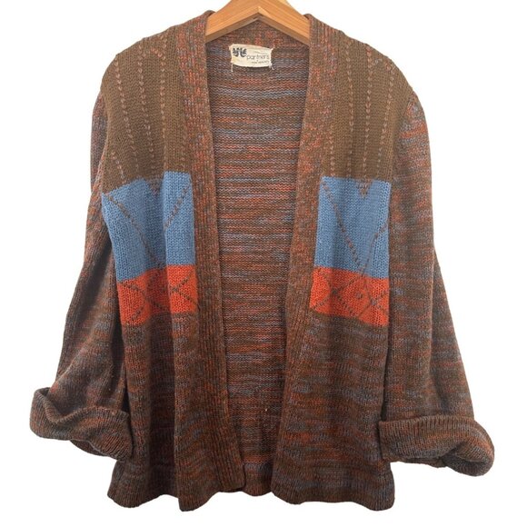 Vintage Partners Mervyns Womens Cardigan Sz M Brown Space-Dyed Argyle 70s Open - Picture 1 of 9